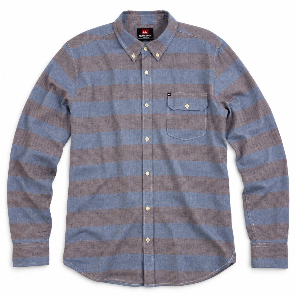 Quiksilver Striped Button Down Shirt Mens XL Blue Brown Long Sleeve Pocket